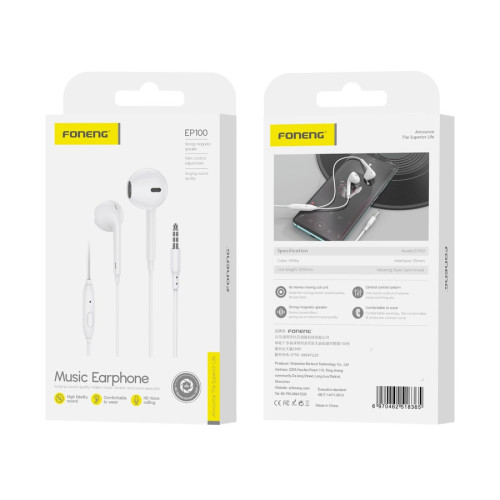 FONENG słuchawki przewodowe EP100 JACK 3.5MM z mikrofonem 1.2M Biały