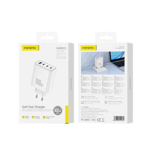FONENG GaN40 GaN PD 100W 3xUSB-C + 1xUSB QC3.0 White