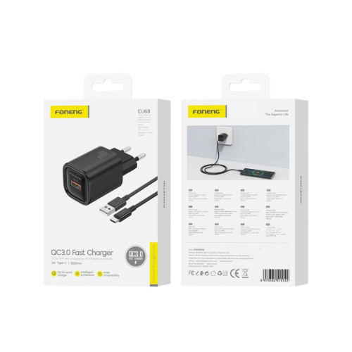 FONENG charger EU68 18W 1xUSB QC3.0 + USB-C cable Black