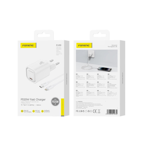 FONENG charger EU69 PD 20W 1xUSB-C + USB-C to Lightning cable White