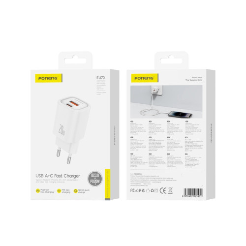 FONENG charger EU70 PD 20W 1xUSB-C + 1xUSB QC3.0 White