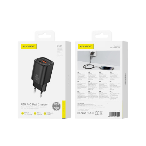 FONENG charger EU70 PD 20W 1xUSB-C + 1xUSB QC3.0 Black