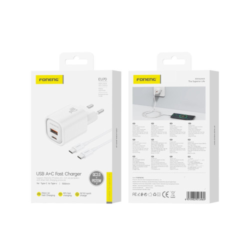 FONENG charger EU70 PD 20W 1xUSB-C + 1xUSB QC3.0 + USB-C - USB-C White
