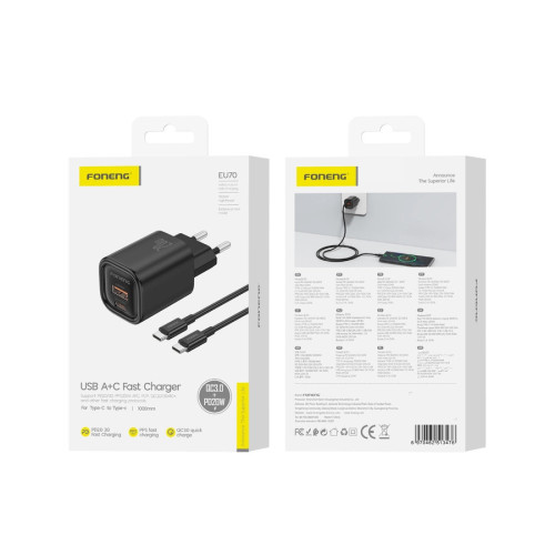 FONENG ładowarka sieciowa EU70 PD 20W 1xUSB-C + 1xUSB QC3.0 + kabel USB-C - USB-C Czarny