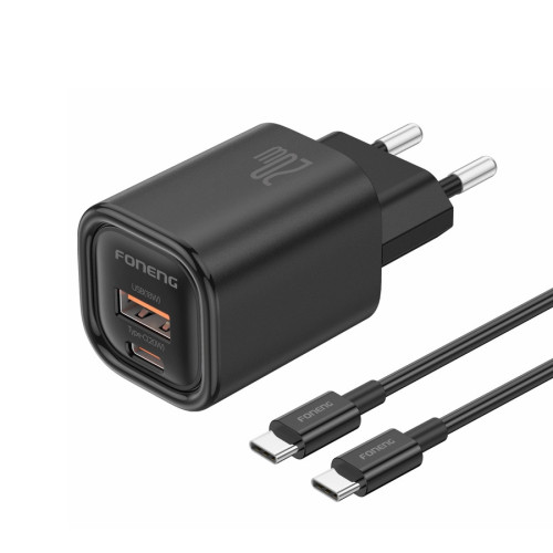 FONENG ładowarka sieciowa EU70 PD 20W 1xUSB-C + 1xUSB QC3.0 + kabel USB-C - USB-C Czarny