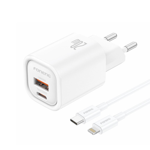 FONENG ładowarka sieciowa EU70 PD 20W 1xUSB-C + 1xUSB QC3.0 + kabel USB-C - Lightning Biały