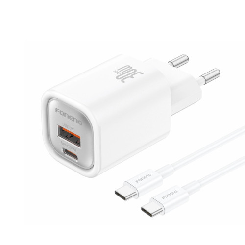 FONENG ładowarka sieciowa EU71 PD 30W 1xUSB-C + 1xUSB QC3.0 + kabel USB-C - USB-C Biały