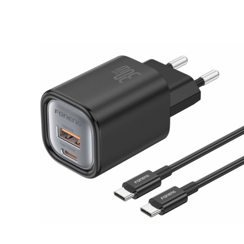FONENG ładowarka sieciowa EU71 PD 30W 1xUSB-C + 1xUSB QC3.0 + kabel USB-C - USB-C Czarny