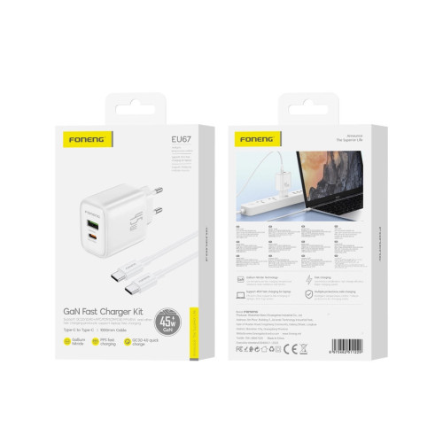 FONENG ładowarka sieciowa EU67 PD 45W 1xUSB-C + 1xUSB QC3.0 + kabel USB-C - USB-C Biały