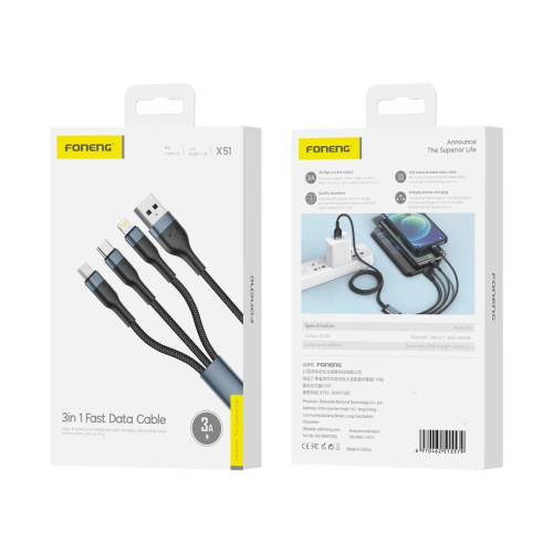 FONENG kabel X51 3w1 3A 1.2M Czarny
