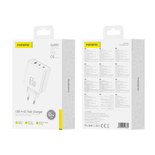 FONENG ładowarka sieciowa Gan50-EU GaN PD 65W 2xUSB-C + 1xUSB QC3.0 Biały