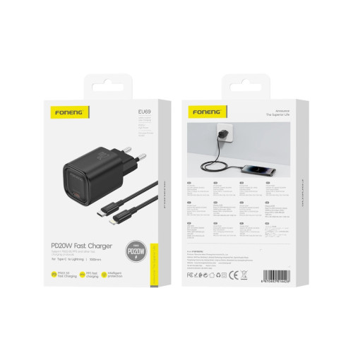 FONENG ładowarka sieciowa EU69 PD 20W 1xUSB-C + kabel USB-C - Lightning Czarny