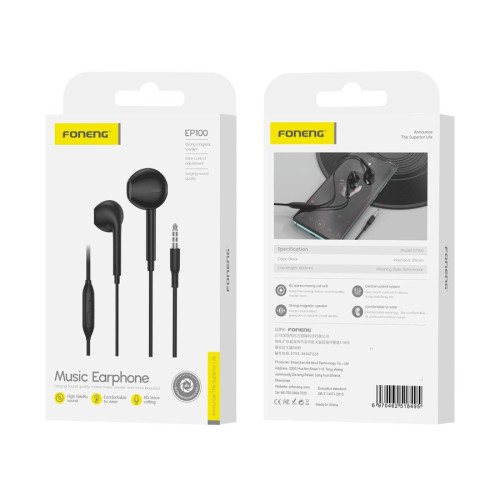 FONENG słuchawki przewodowe EP100 JACK 3.5MM z mikrofonem 1.2M Czarny