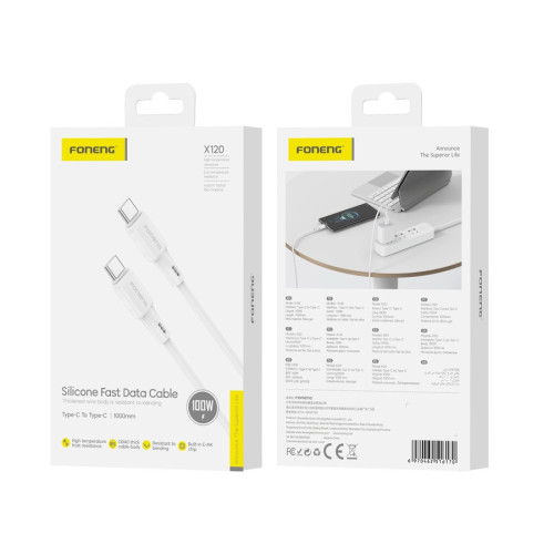 FONENG kabel X120 USB-C - USB-C PD 100W 1M Biały