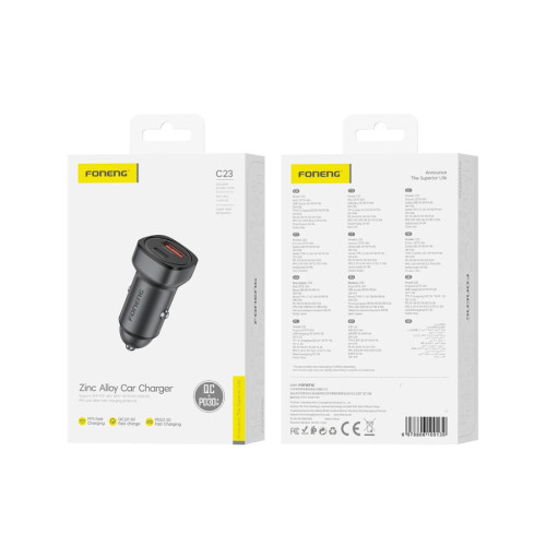 FONENG ładowarka samochodowa C23 PD 30W 1xUSB-C + 1xUSB QC3.0 Czarny