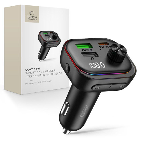 Tech-protect Cc07 3-port Car Charger Pd 54w + Transmiter Fm Bluetooth Black