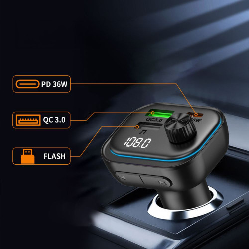 Tech-protect Cc07 3-port Car Charger Pd 54w + Transmiter Fm Bluetooth Black