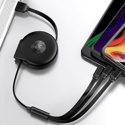 USAMS Retractable Cable U20 3in1 1m 2A Fastcharge black (lightning/microUSB/USB-C) SJ280USB01 (US-SJ280)