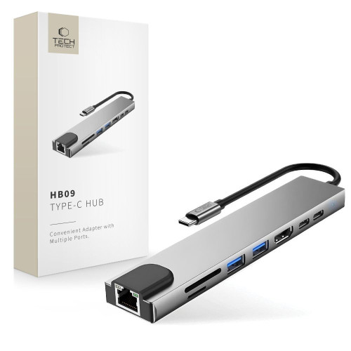 Tech-protect Hb09 Hub Adapter 8in1 Type-c + Usb-a3.0 + Usb-c3.0 + Hdmi 4k 60hz + Sd/tf + Pd100w + Rj45 1000mb/s Space Grey