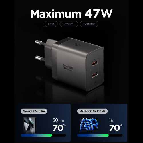 Spigen Ee472eu-gan Essential 2-port Network Charger 47w Gunmetal