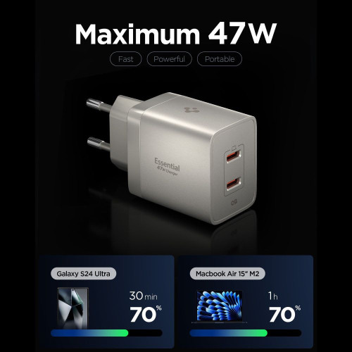 Spigen Ee472eu-gan Essential 2-port Network Charger 47w Natural Titanium