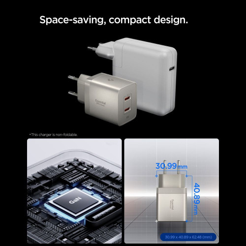 Spigen Ee472eu-gan Essential 2-port Network Charger 47w Natural Titanium