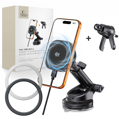 Tech-protect V20 Arcticboost Magnetic Magsafe Dashboard & Vent Car Mount Wireless Charger 25w Qi2.2 Black
