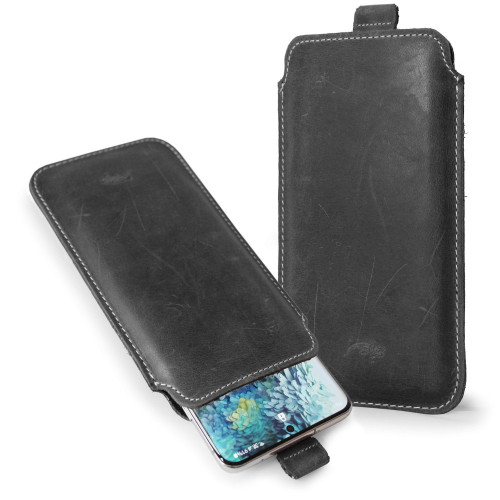 LURESKO LILLA 4XL Leather slip case for phone up to 7 inches (gray vintage, white thread)