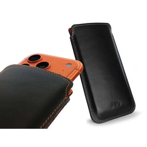 LURESKO NEW LILLA XXXL Leather slip case for iPhone 17 Pro Max / 16 Pro Max / 15 Pro Max / Galaxy S25 Ultra / S24 Ultra (smooth black, orange thread, orange interior)