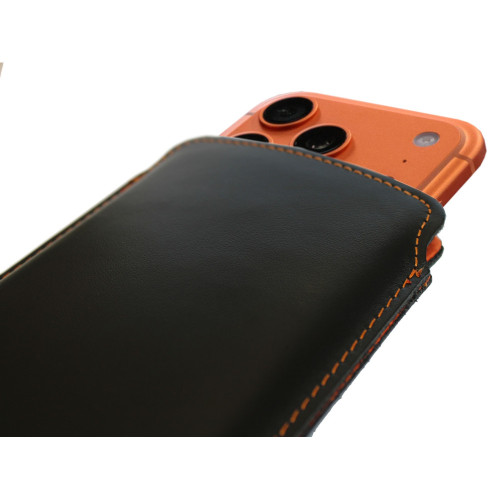 LURESKO NEW LILLA XXXL Leather slip case for iPhone 17 Pro Max / 16 Pro Max / 15 Pro Max / Galaxy S25 Ultra / S24 Ultra (smooth black, orange thread, orange interior)
