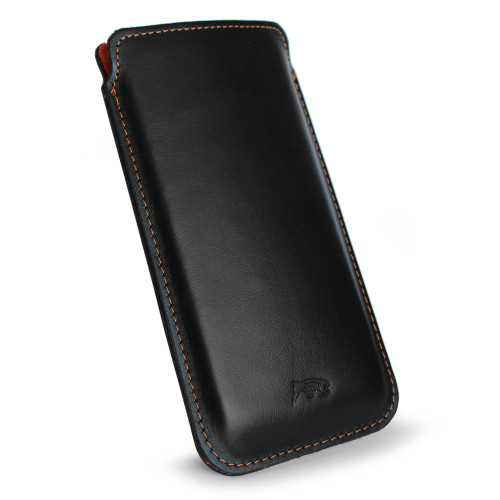 LURESKO NEW LILLA XXXL Leather slip case for iPhone 17 Pro Max / 16 Pro Max / 15 Pro Max / Galaxy S25 Ultra / S24 Ultra (smooth black, orange thread, orange interior)