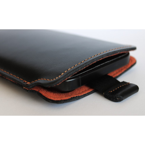 LURESKO NEW LILLA XXXL Leather slip case for iPhone 17 Pro Max / 16 Pro Max / 15 Pro Max / Galaxy S25 Ultra / S24 Ultra (smooth black, orange thread, orange interior)