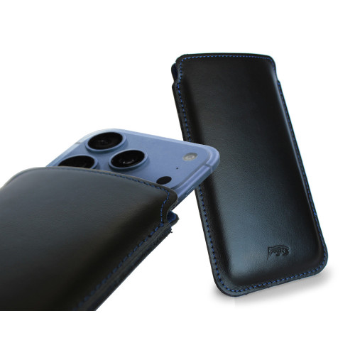 LURESKO NEW LILLA XXXL Leather slip case for iPhone 17 Pro Max / 16 Pro Max / 15 Pro Max / Galaxy S25 Ultra / S24 Ultra (smooth black, blue thread, blue interior)