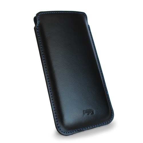 LURESKO NEW LILLA XXXL Leather slip case for iPhone 17 Pro Max / 16 Pro Max / 15 Pro Max / Galaxy S25 Ultra / S24 Ultra (smooth black, blue thread, blue interior)