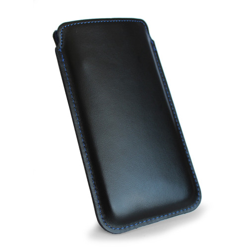 LURESKO NEW LILLA XXXL Leather slip case for iPhone 17 Pro Max / 16 Pro Max / 15 Pro Max / Galaxy S25 Ultra / S24 Ultra (smooth black, blue thread, blue interior)