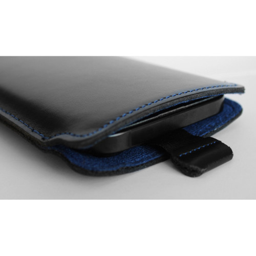 LURESKO NEW LILLA XXXL Leather slip case for iPhone 17 Pro Max / 16 Pro Max / 15 Pro Max / Galaxy S25 Ultra / S24 Ultra (smooth black, blue thread, blue interior)