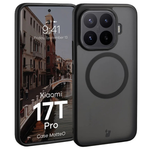 Etui z pierścieniem magnetycznym Bizon Case MatteO do Xiaomi 17T Pro, przydymione-czarne