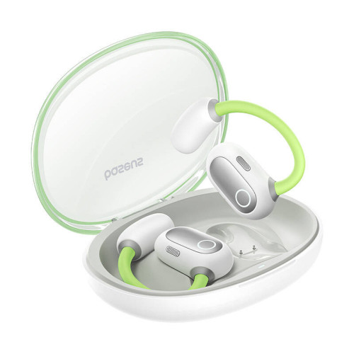 Baseus Eli Sport 1 headphones with green hooks in a transparent case