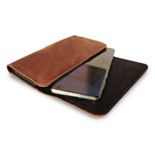 LURESKO FREYA M Kožené pouzdro na opasek etui na telefon 150x72mm (hnědá vintage, bílá nit)