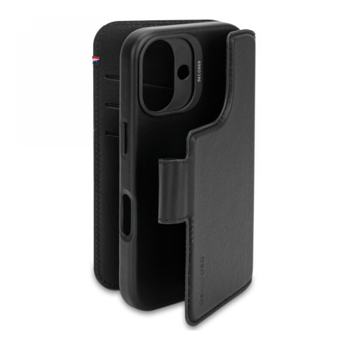 Decoded Leather Detachable Wallet - leather protective case for iPhone 16 compatible with MagSafe (black)