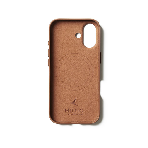 Zbliżenie na brązowe etui Mujjo, pokazujące jego wysoką jakość i hybrydowy materiał.