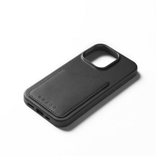 Etui Mujjo Wallet Leather Case w kolorze czarnym, idealnie dopasowane do Apple iPhone 16 Pro z systemem MagSafe.
