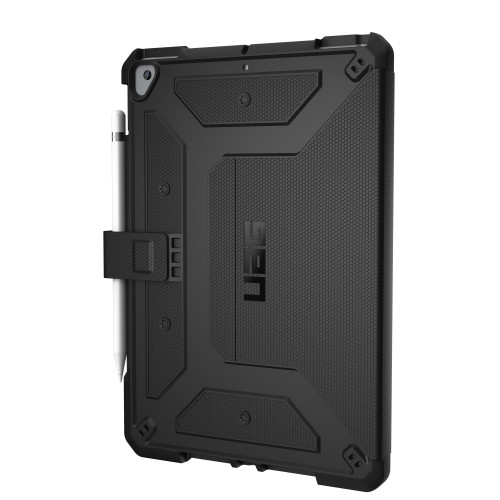 Etui UAG Metropolis w kolorze czarnym, idealnie dopasowane do Apple iPad 10.2, z klapką i funkcją pochłaniania wstrząsów.