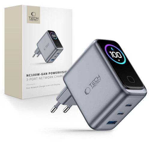 Tech-protect Powervision Nc100w-gan 3-port Network Charger Pd 100w / Qc3.0 Dark Grey