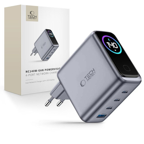 Tech-protect Powervision Nc140w-gan 4-port Network Charger Pd 140w / Qc3.0 Dark Grey