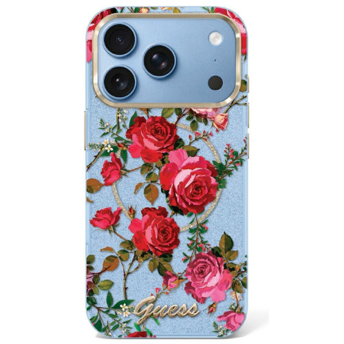 Etui Guess IML Glitter Blossom Roses do iPhone 18 Pro Max / 17 Pro Max jasno modrá