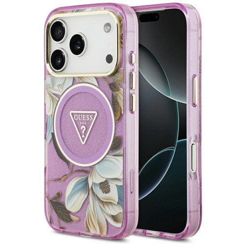 Etui Guess IML Glitter Flowers Triangle MagSafe do iPhone 18 Pro / 17 Pro fioletowy