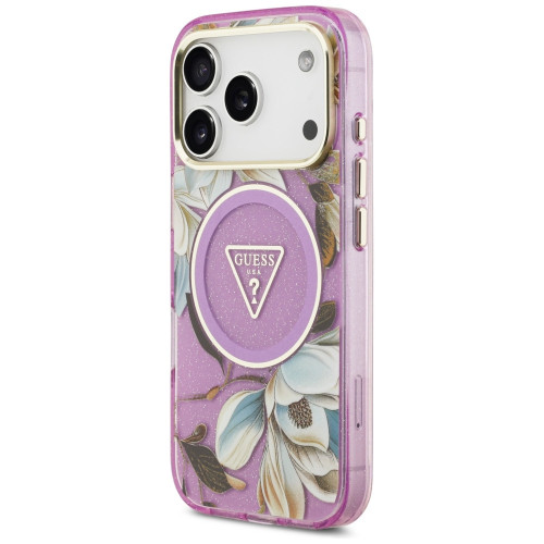 Etui Guess IML Glitter Flowers Triangle MagSafe do iPhone 18 Pro / 17 Pro fioletowy
