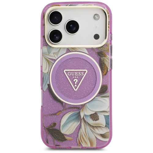 Etui Guess IML Glitter Flowers Triangle MagSafe do iPhone 18 Pro / 17 Pro fioletowy