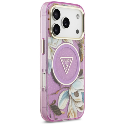 Etui Guess IML Glitter Flowers Triangle MagSafe do iPhone 18 Pro / 17 Pro fioletowy